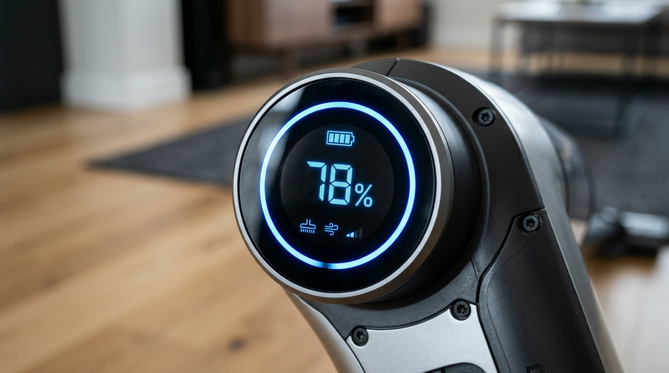 Close up of a smart vacuum LED display showing battery percentage and a red-to-blue dirt monitoring ring.