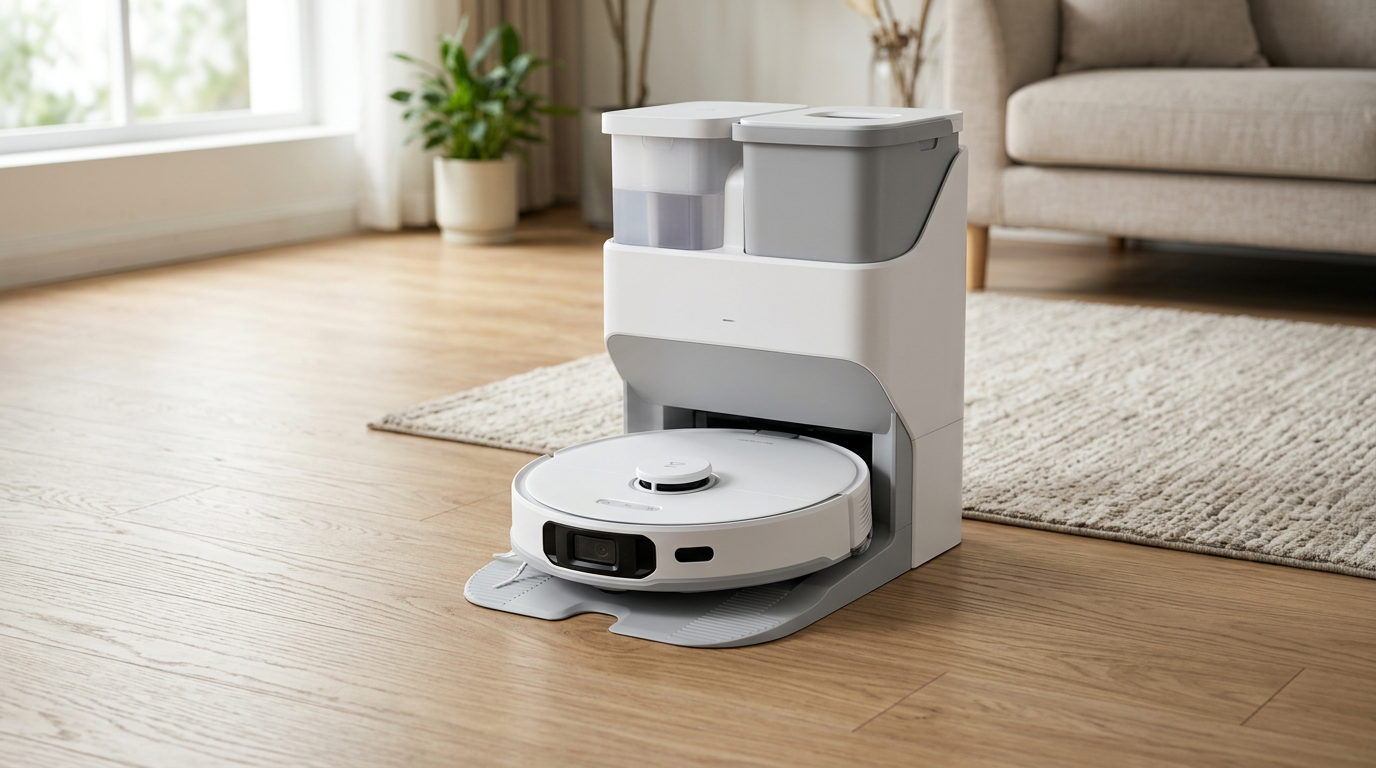 The Roborock S8 Pro Ultra robot vacuum docked in its white charging and cleaning station.