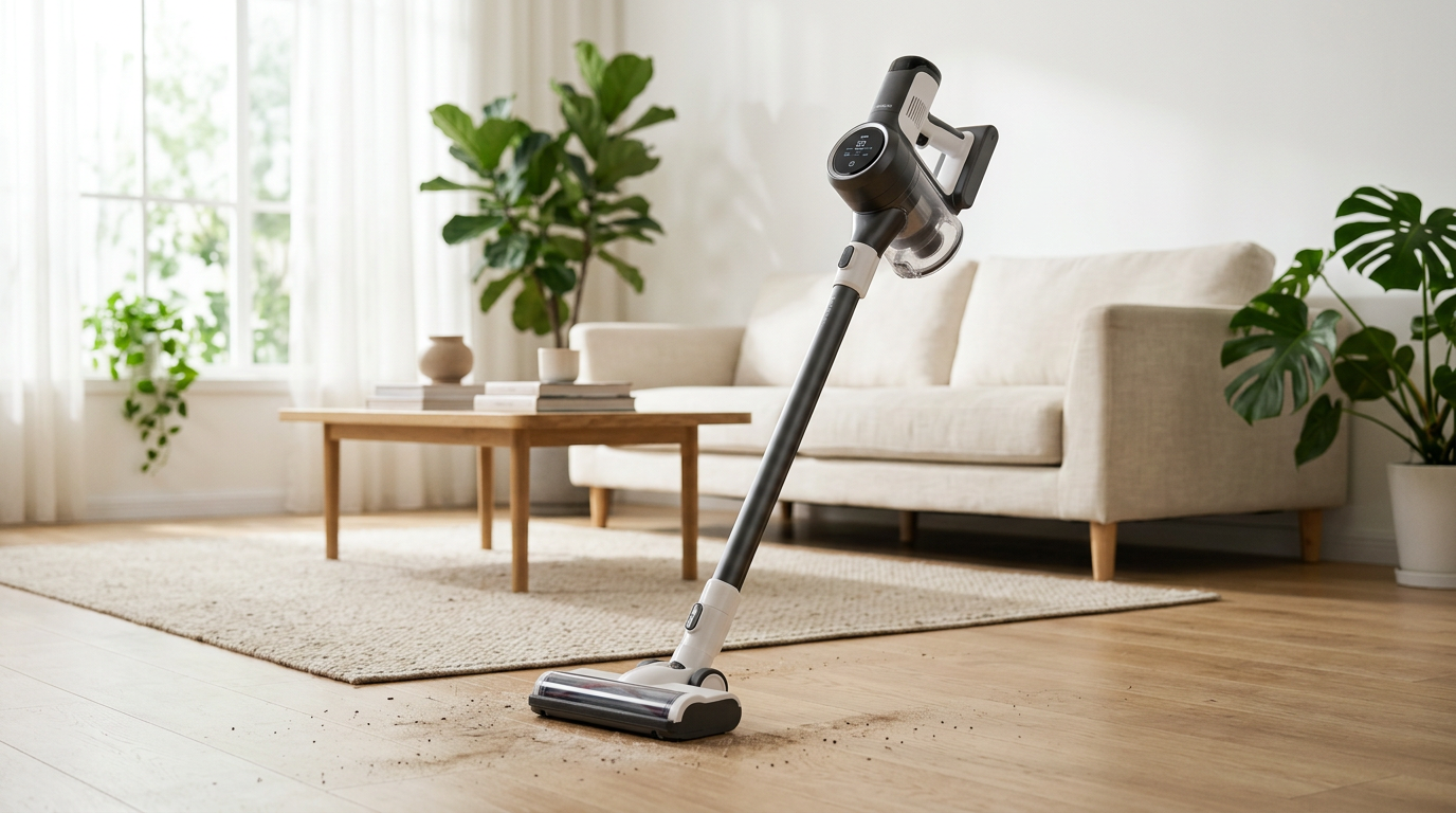 Tineco Pure One S15 Pro being used to clean a hardwood floor near a rug.