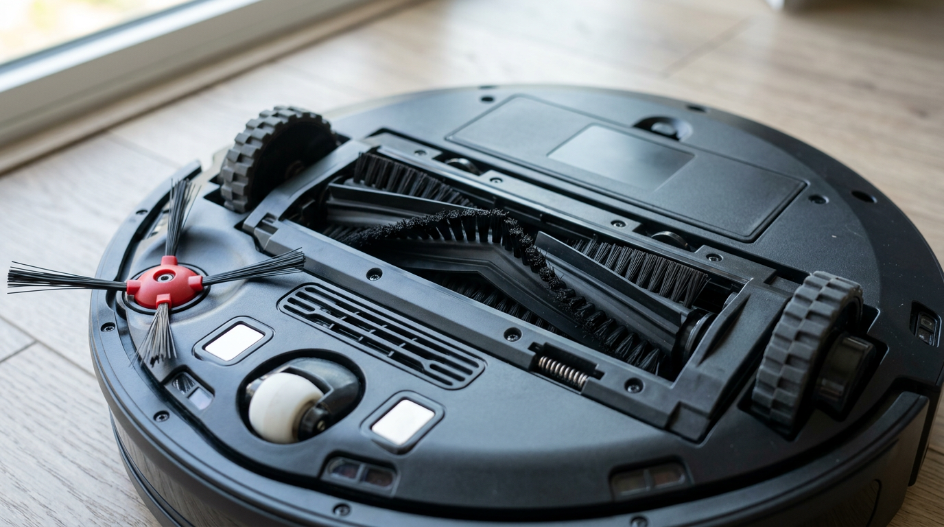Close up of a robot vacuum brushroll designed for pet hair
