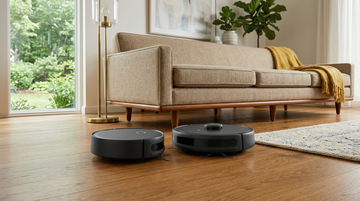 A photorealistic scene of a robot vacuum efficiently cleaning under a modern sofa in a bright living room.