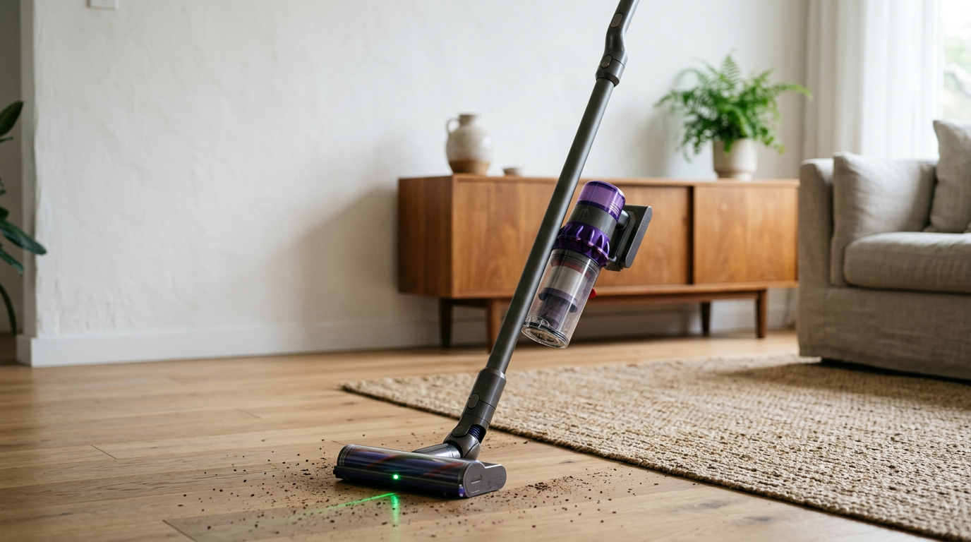 The Dyson V15 Detect showing its laser light on a dusty floor.