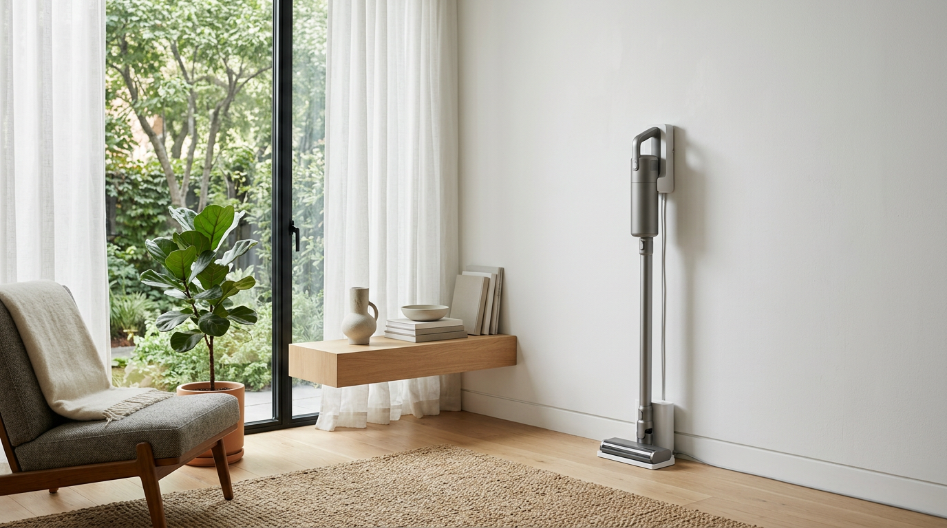A clean, modern living room with a cordless vacuum charging in a wall dock.