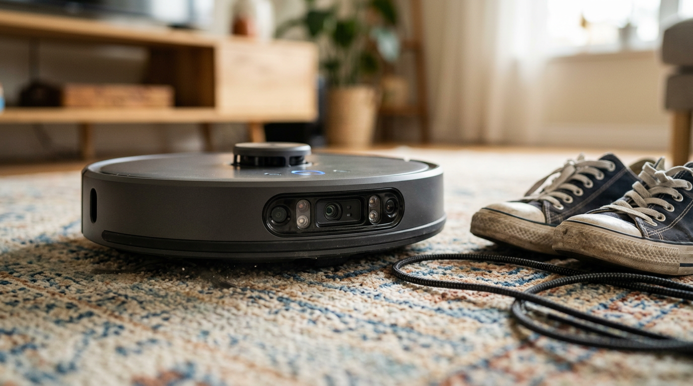 A robot vacuum navigating around a pair of shoes and a power cable on a rug.