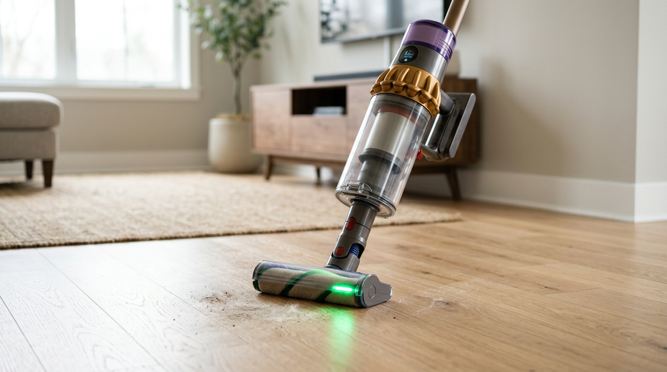 Dyson V15 Detect cordless vacuum showing its sleek design and attachments.