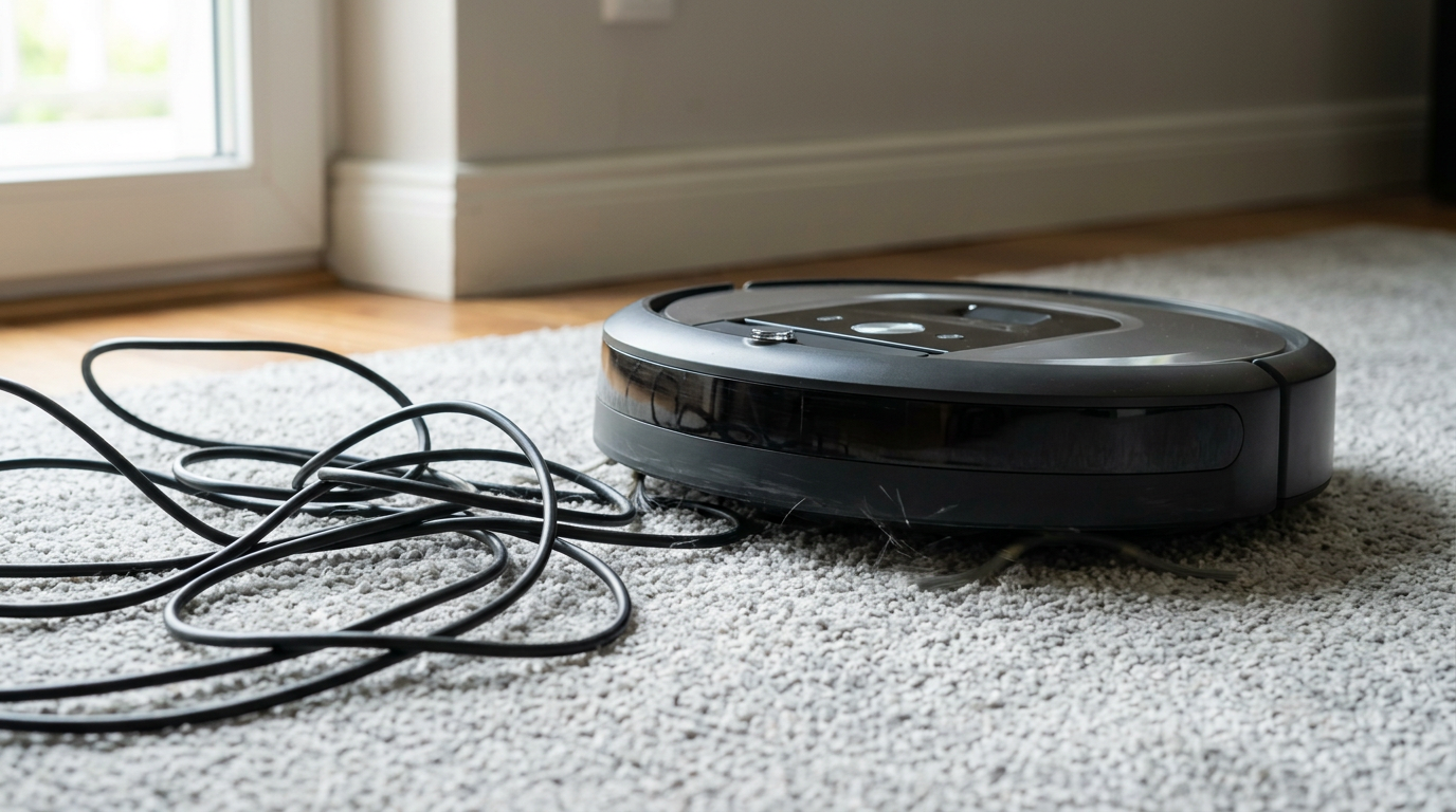 A robot vacuum avoiding a tangled phone charger cable on the floor.