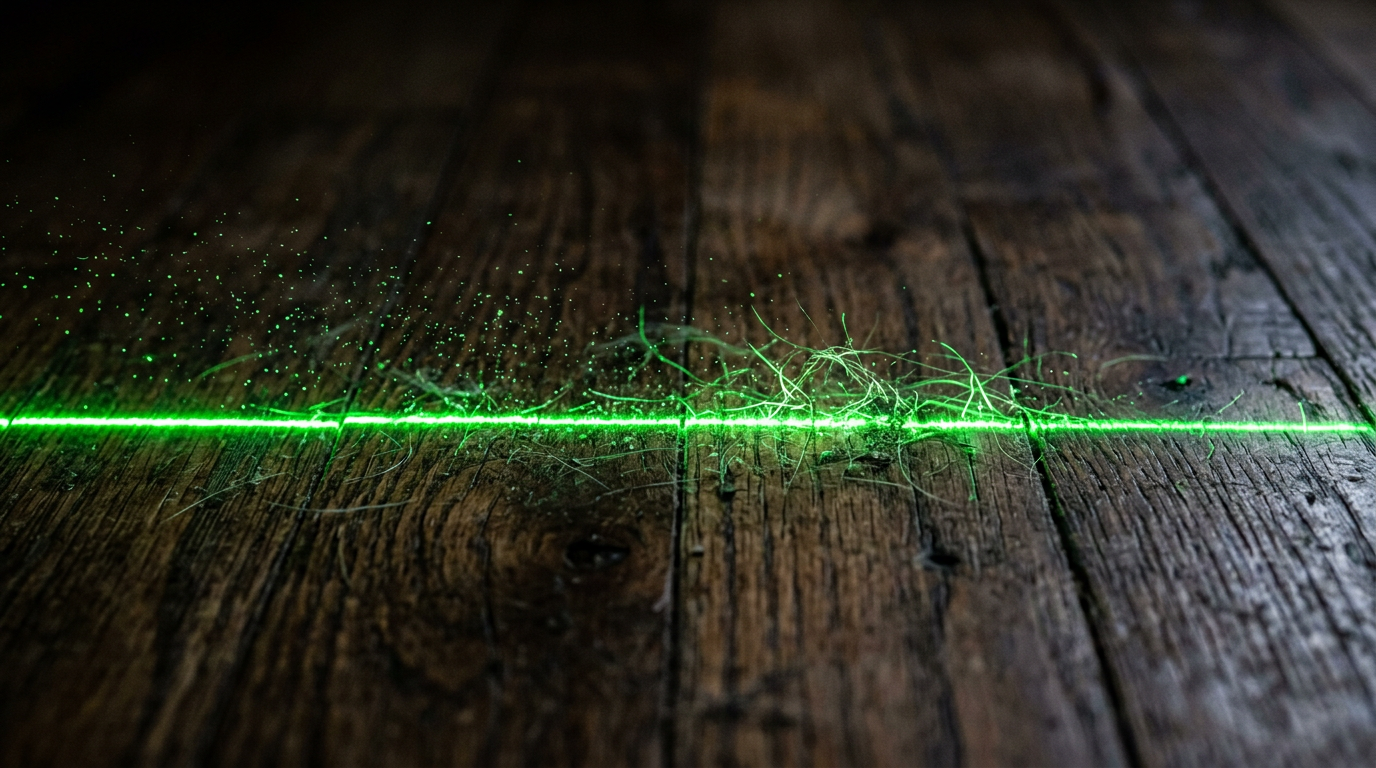 Close-up of a green laser illuminating dust on a dark hardwood floor.