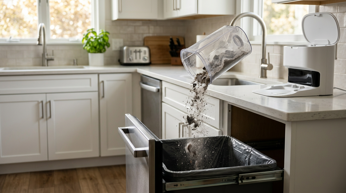 A bagless self-empty base being emptied into a trash can