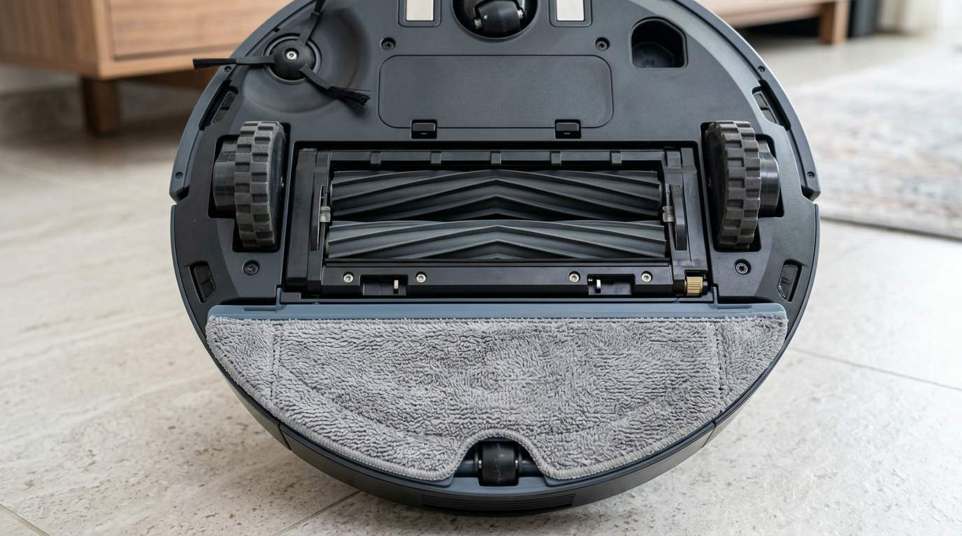 A close-up of a robot vacuum's underside showing dual rubber rollers and a mopping pad.