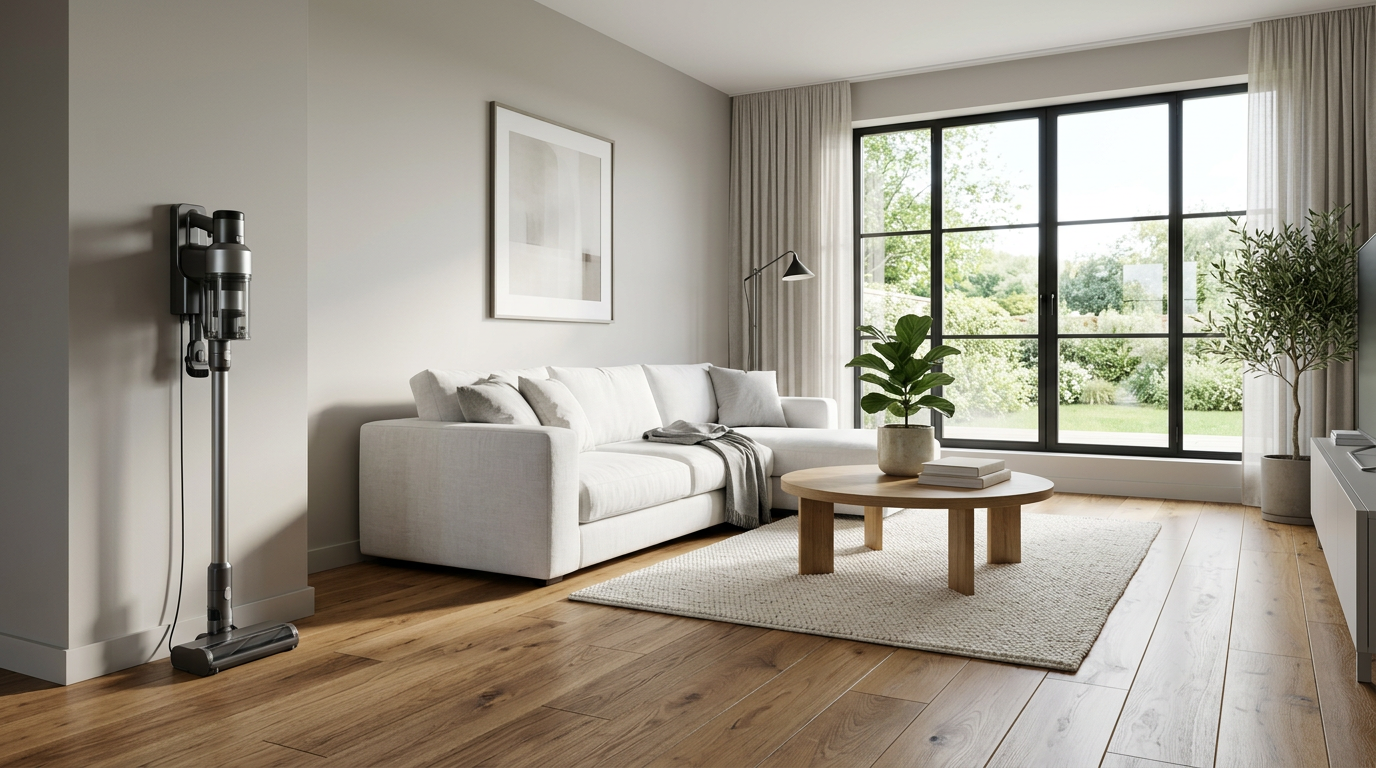 A clean, modern living room with a cordless vacuum charging in the corner.