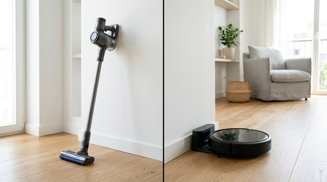 A high-end cordless stick vacuum and a modern robot vacuum side-by-side on a hardwood floor.