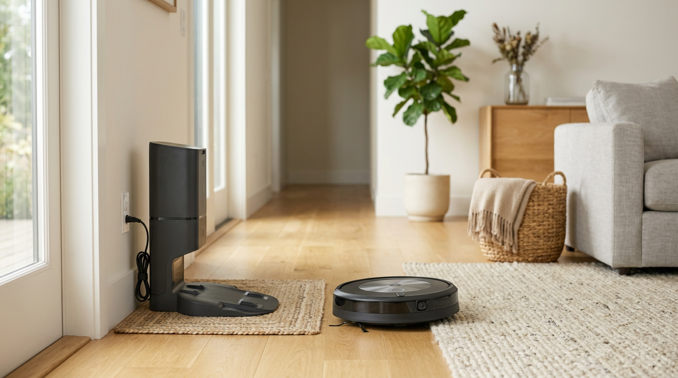 iRobot Roomba j7+ navigating around a pair of shoes on a rug.